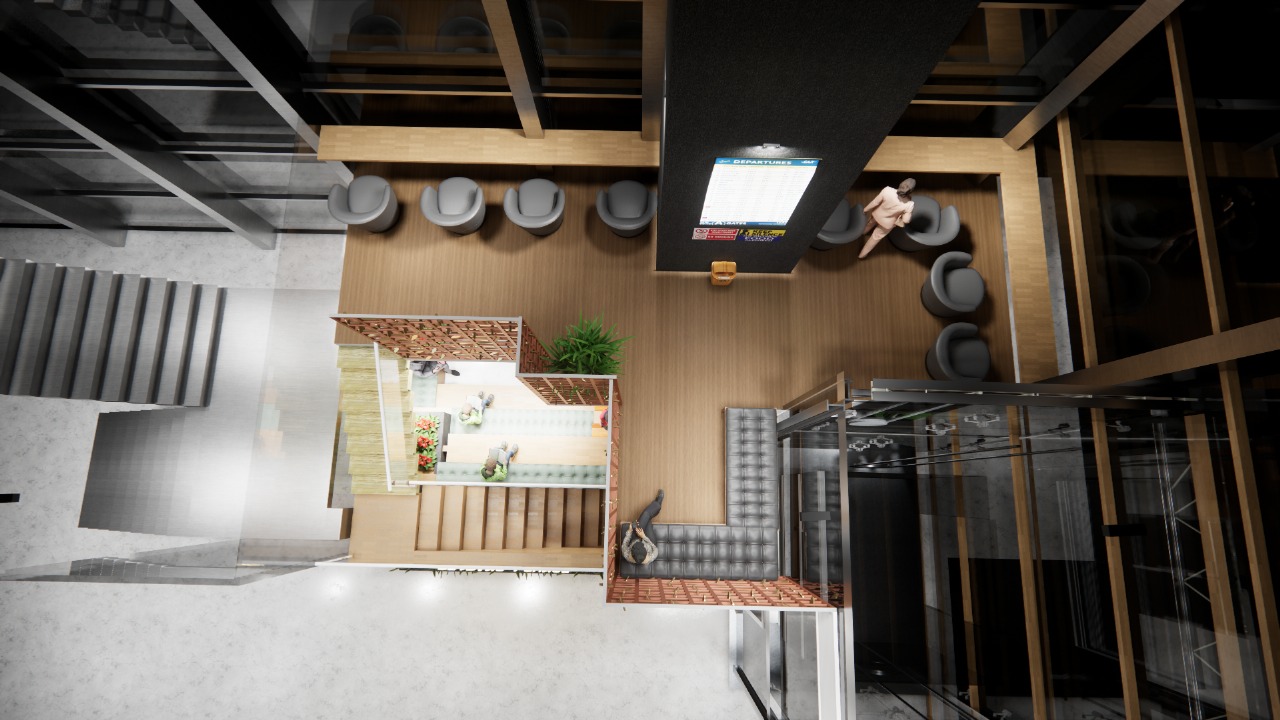 Detail of acoustic panels, fabrics and warm lighting